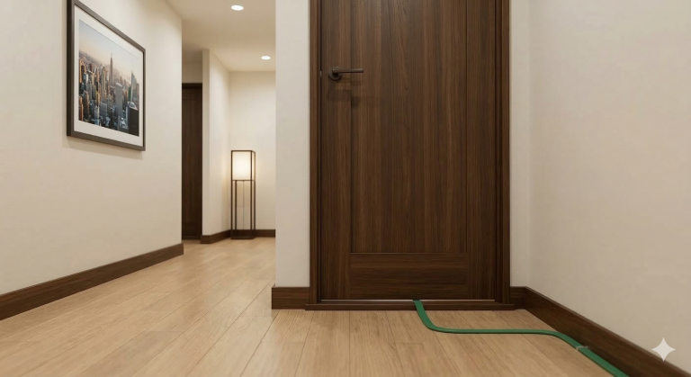 フラットなLANケーブルが部屋のドア下を通ている画像