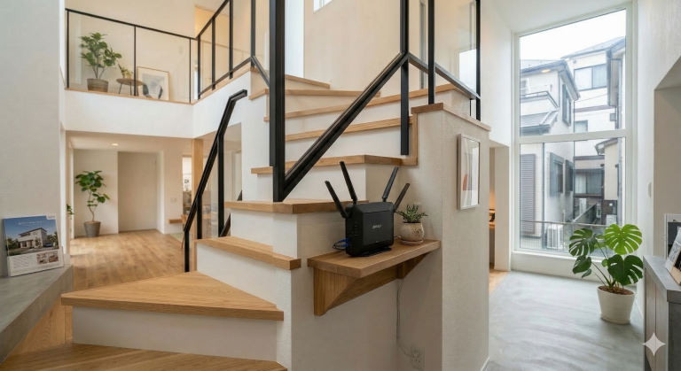 モデルハウスの1階と2階の中間に、バッファローによく似た黒いWi-Fiルーターがある