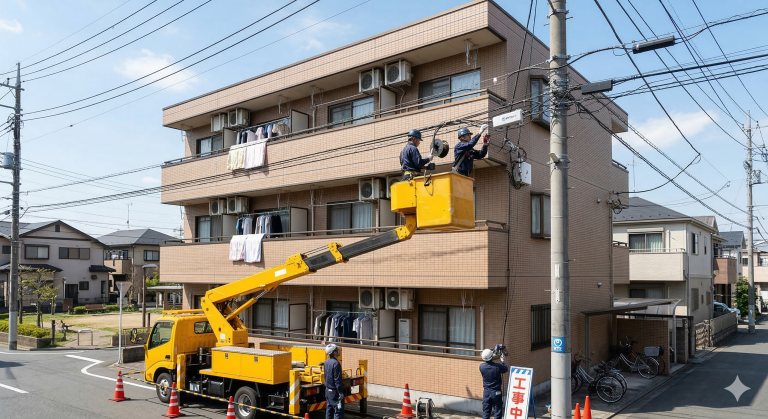 アパートの前で作業車両に乗った人が光回線工事をしている画像