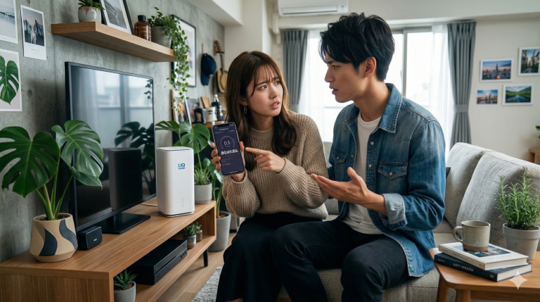 ホームルーターの前で男女が、スマホの通信速度が遅いことで言い争いをしている画像