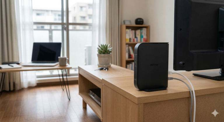 一人暮らしのアパートの部屋に置いてあるルーターの画像