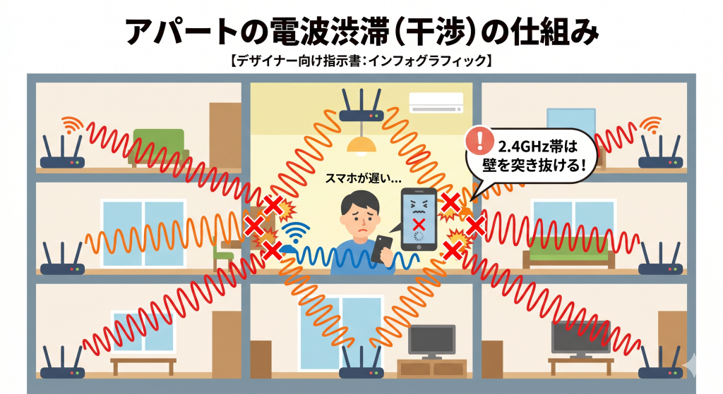 アパートの上下左右の部屋から2.4GHz帯のWi-Fi電波が壁を突き抜けて干渉し合う仕組みの図解