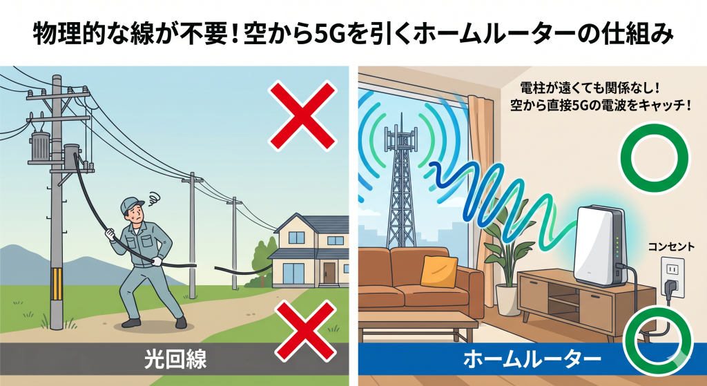電柱からの物理的な引き込み工事が不要で、基地局から直接5Gの電波を受信するホームルーターの仕組み