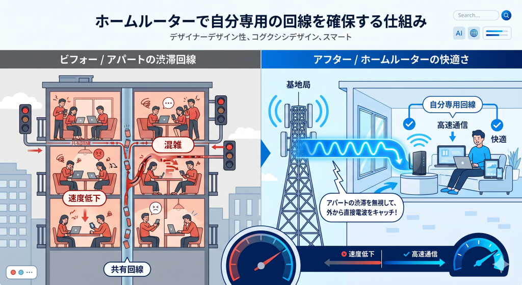 ホームルーターがアパートの共有回線を通らず、基地局から直接専用の電波を受信する仕組み
