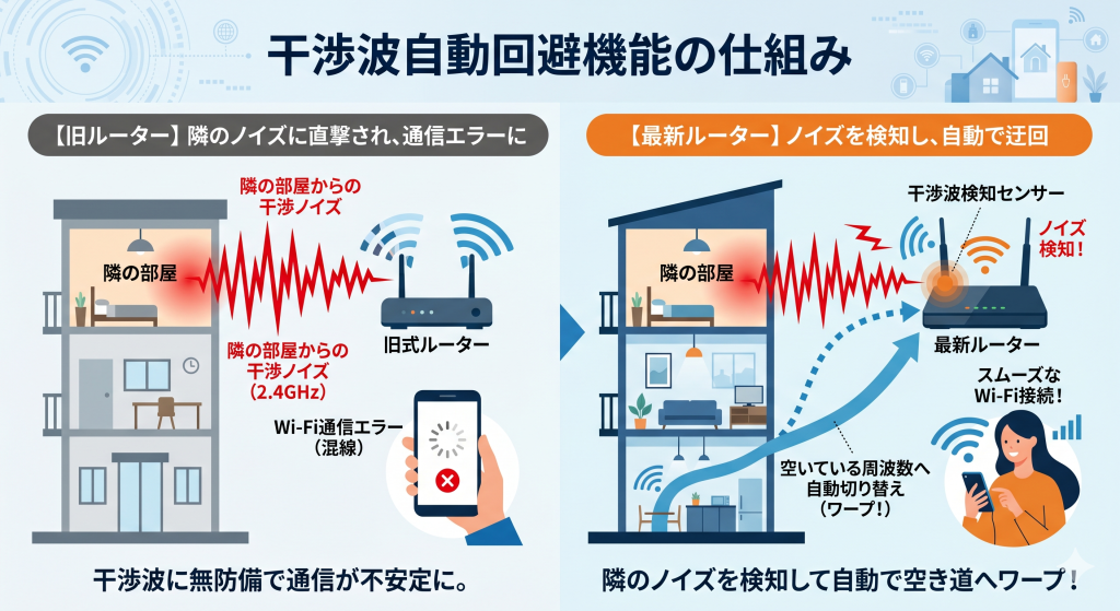 干渉波自動回避機能により、隣の部屋のWi-Fiノイズを検知して自動で別チャンネルに切り替える仕組み