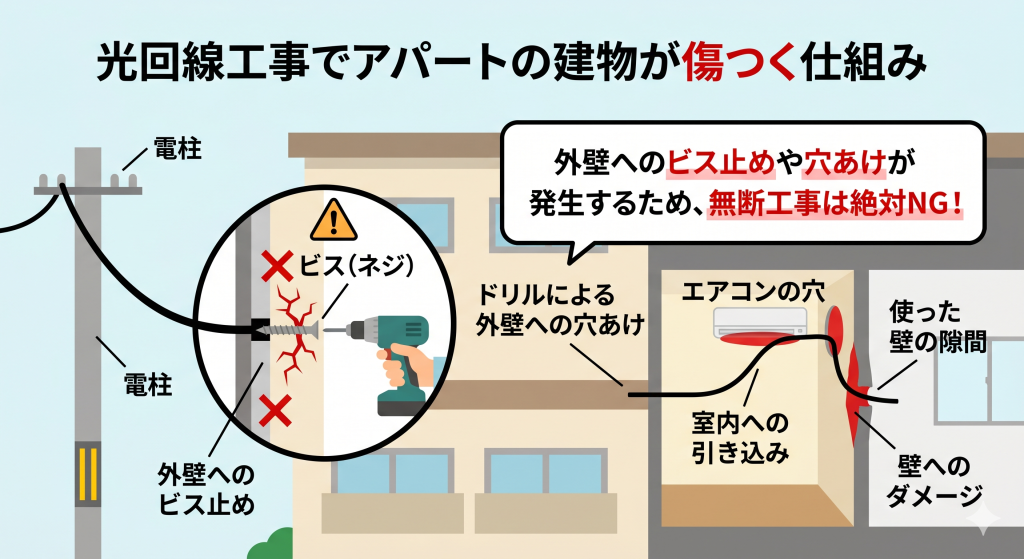 光回線の導入工事において、アパートの外壁へのビス止めや壁の穴あけが発生する仕組みの図解