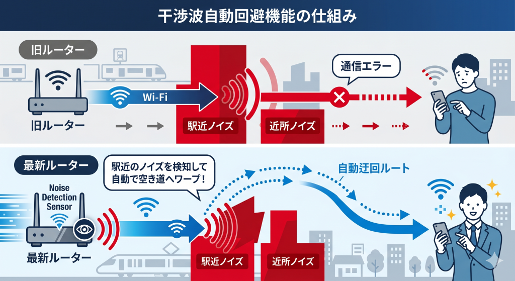 干渉波自動回避機能により、近隣のWi-Fiノイズを検知して自動で別チャンネルに切り替える仕組み