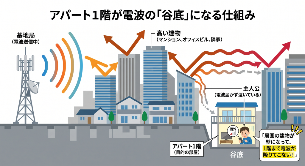 基地局からの電波が周囲の建物に遮断され、アパートの1階に届かない仕組みの図解