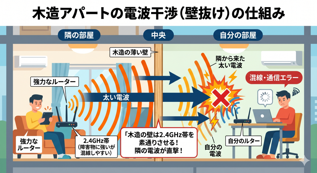 木造アパートの薄い壁を2.4GHz帯のWi-Fi電波が突き抜け、隣の部屋と干渉し合う仕組みの図解