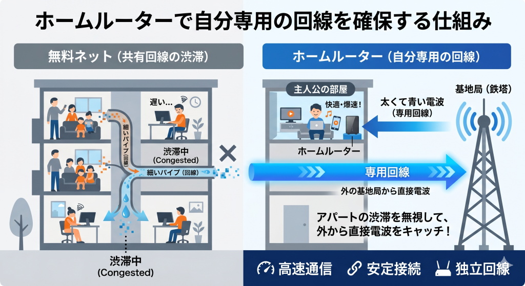 ホームルーターがアパートの共有回線を通らず、基地局から直接専用の電波を受信する仕組み