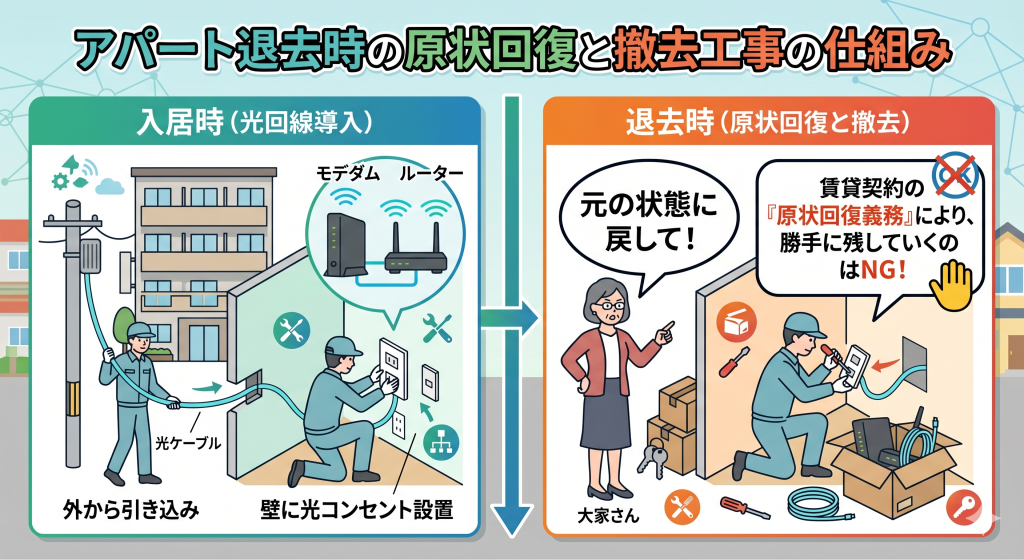 アパート退去時に原状回復義務により光回線の撤去工事が必要になる仕組みの図解