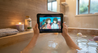 メゾネットのお風呂でストリーミング動画を観ている画像