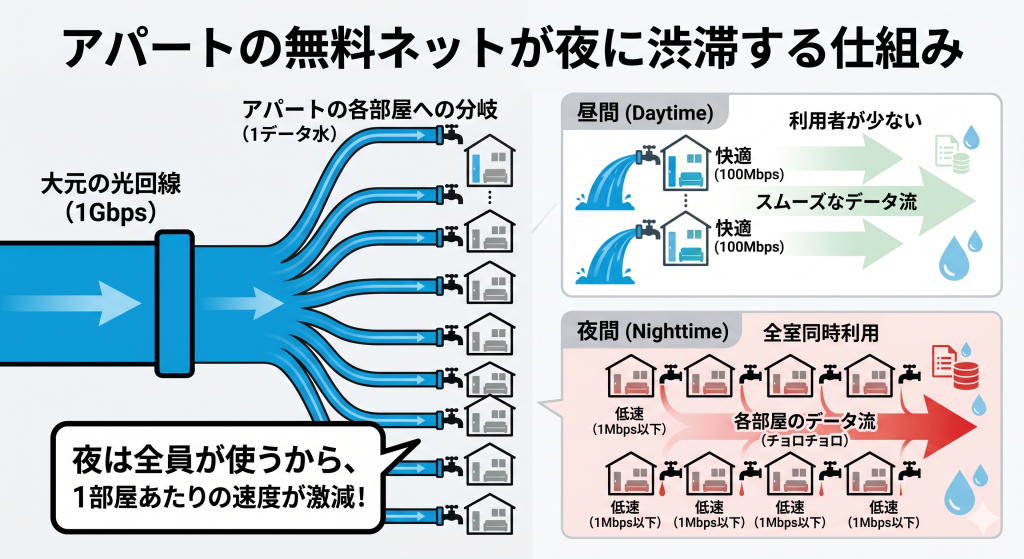 アパートの無料インターネットが1本の回線を全室で共有し、夜間に渋滞して速度が低下する仕組みの図解