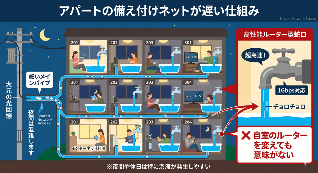 アパートの備え付けインターネットが遅い原因を図解。大元の回線が分岐しているためルーターを変えても無意味。
