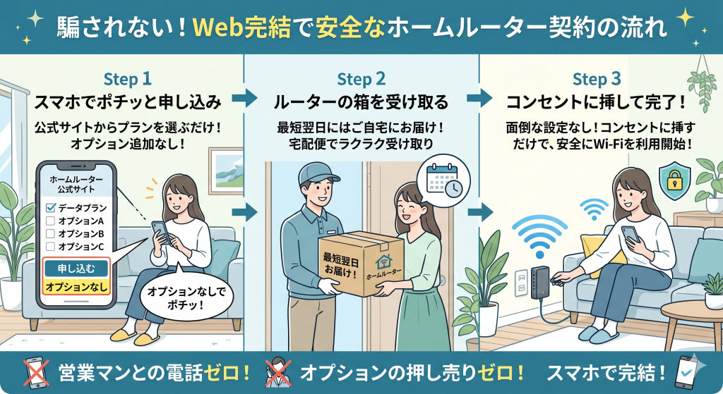 営業マンとの電話が不要で、スマホから安全にWeb完結で申し込めるホームルーターの契約手順の図解