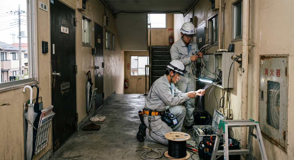 平成に建てられた単身者向けアパートの回線工事風景