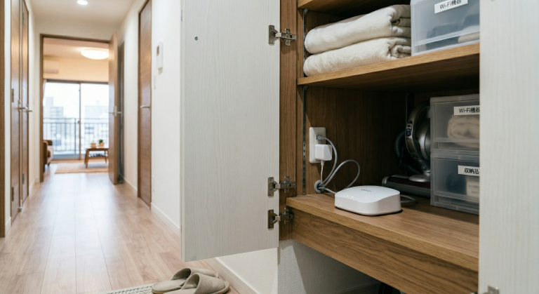 マンションの廊下にWi-Fiのルーターが設置してある画像