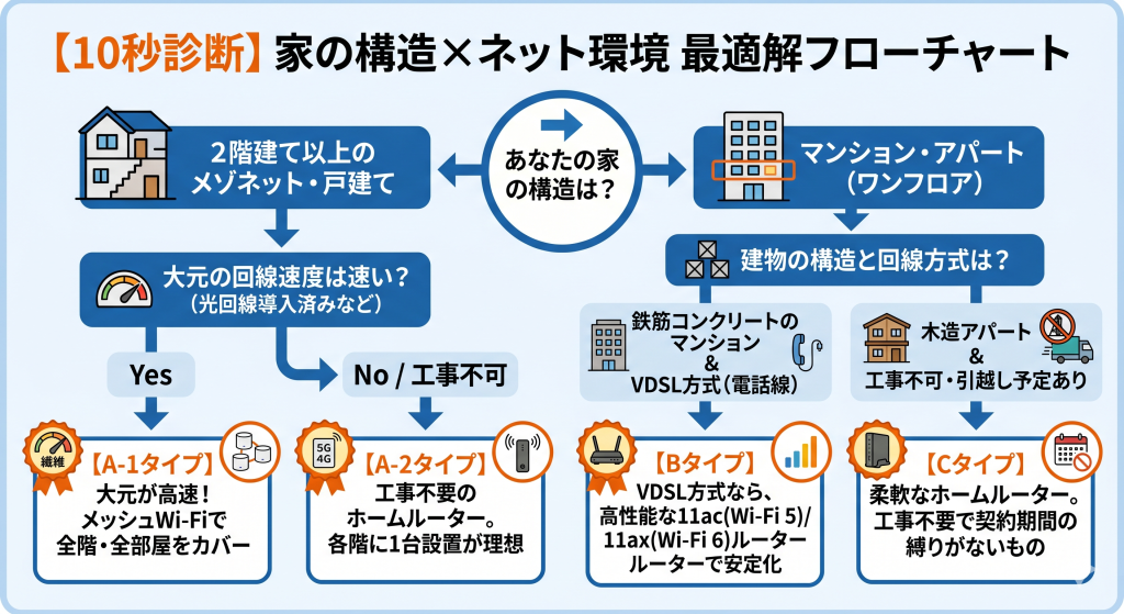 家の構造と回線状況から最適なネット環境改善策を導き出すYes/No診断フローチャート