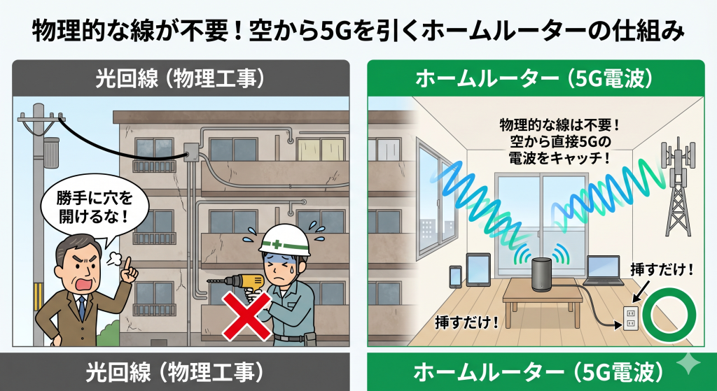 光回線のような物理的な引き込み工事が不要で、基地局から直接5Gの電波を受信するホームルーターの仕組み