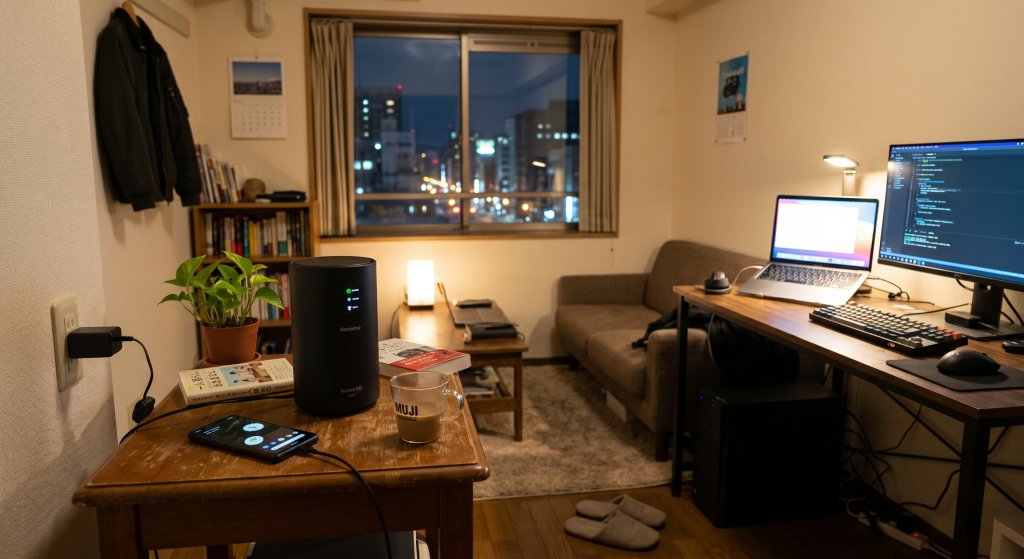 一人暮らしのアパートにホームルーターが置いてある画像