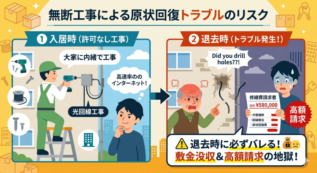 アパートで無断で光回線工事を行うと、退去時に原状回復トラブルとなり高額な修繕費が請求される仕組みの図解