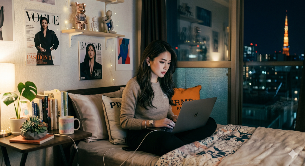 夜のアパートでネットをしている港区女子