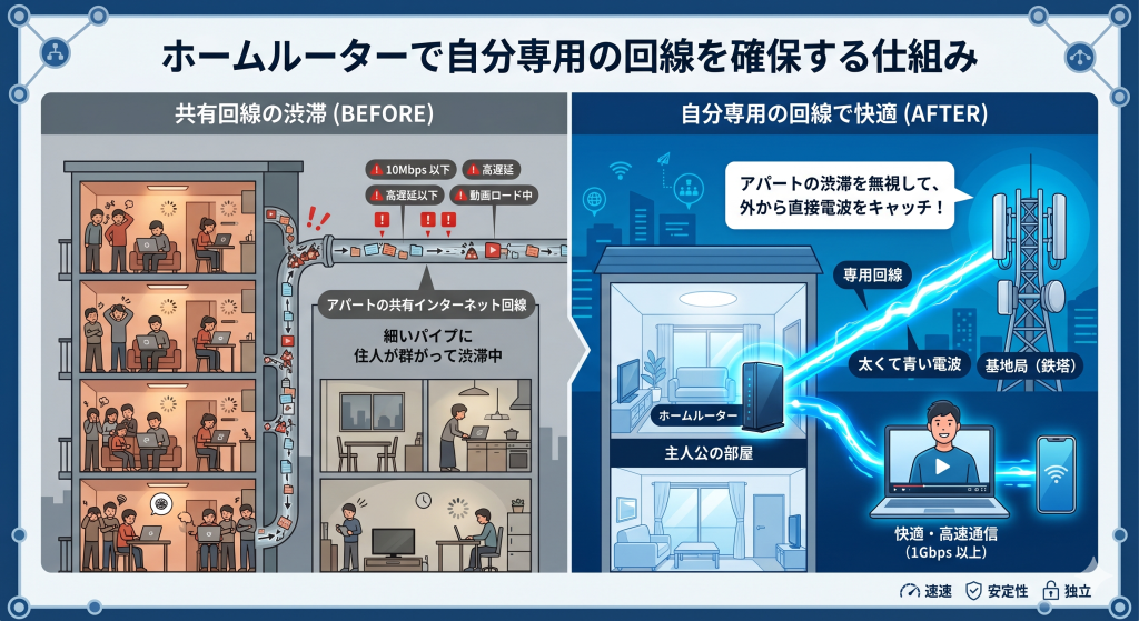 ホームルーターがアパートの共有回線を通らず、基地局から直接専用の電波を受信する仕組み