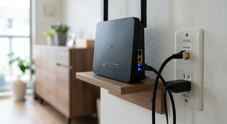 マンションの壁のLANポートに挿したルーター