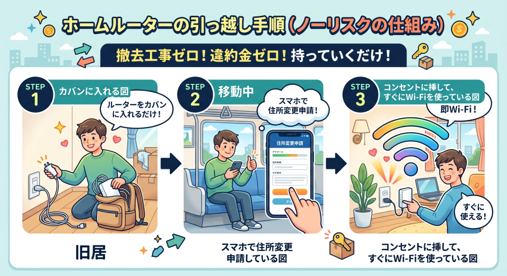 ホームルーターなら退去時の撤去工事が不要で、新居のコンセントに挿すだけで使える引っ越し手順の図解