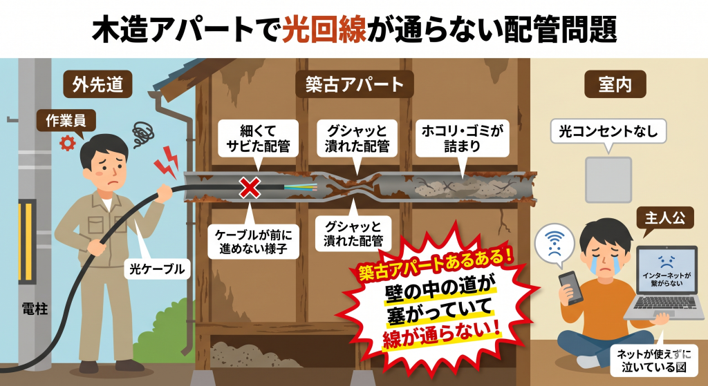 築古の木造アパートで、壁の中の配管が潰れたり詰まったりしていて光回線が引けない仕組みの図解