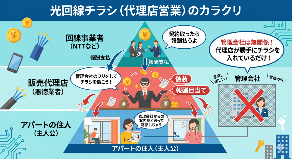 アパートの光回線チラシが管理会社からの案内ではなく、報酬目当ての販売代理店による営業である仕組みの図解