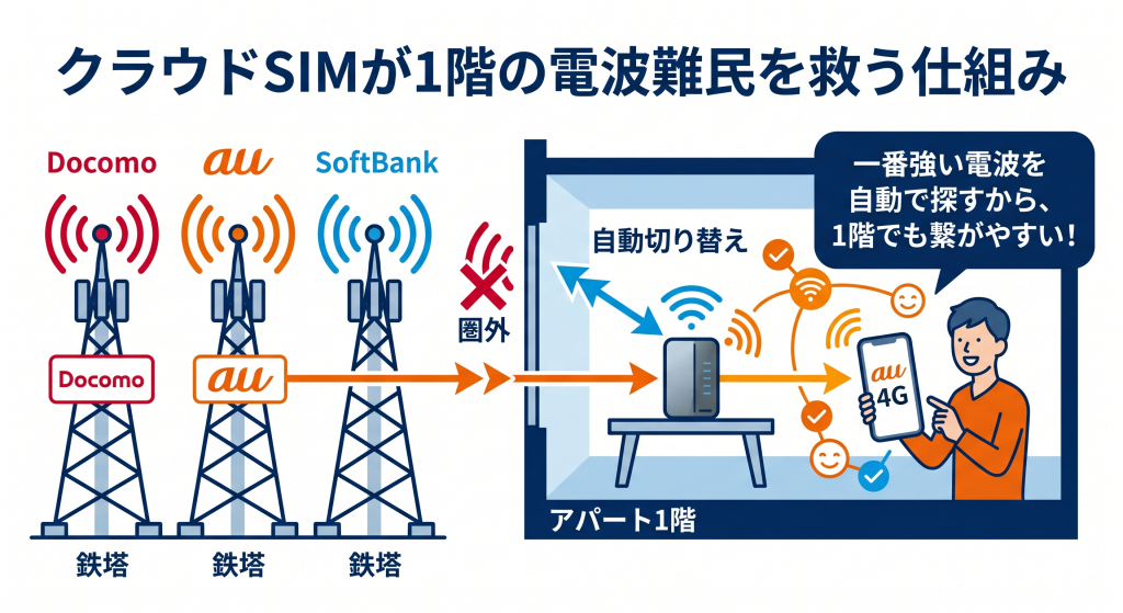 クラウドSIMがドコモ・au・ソフトバンクの中から最も強い電波を自動で選んで接続する仕組み