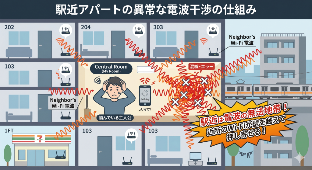 駅近アパートの周囲の建物から無数の2.4GHz帯Wi-Fi電波が壁を突き抜けて干渉し合う仕組みの図解