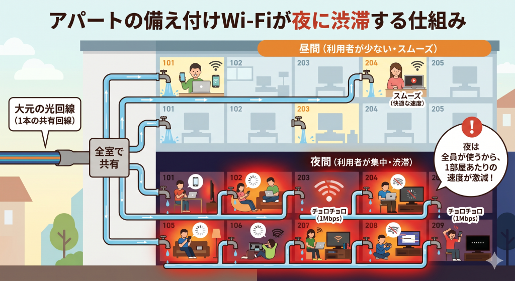 アパートの備え付けWi-Fiが1本の回線を全室で共有し、夜間に渋滞して速度が低下する仕組みの図解