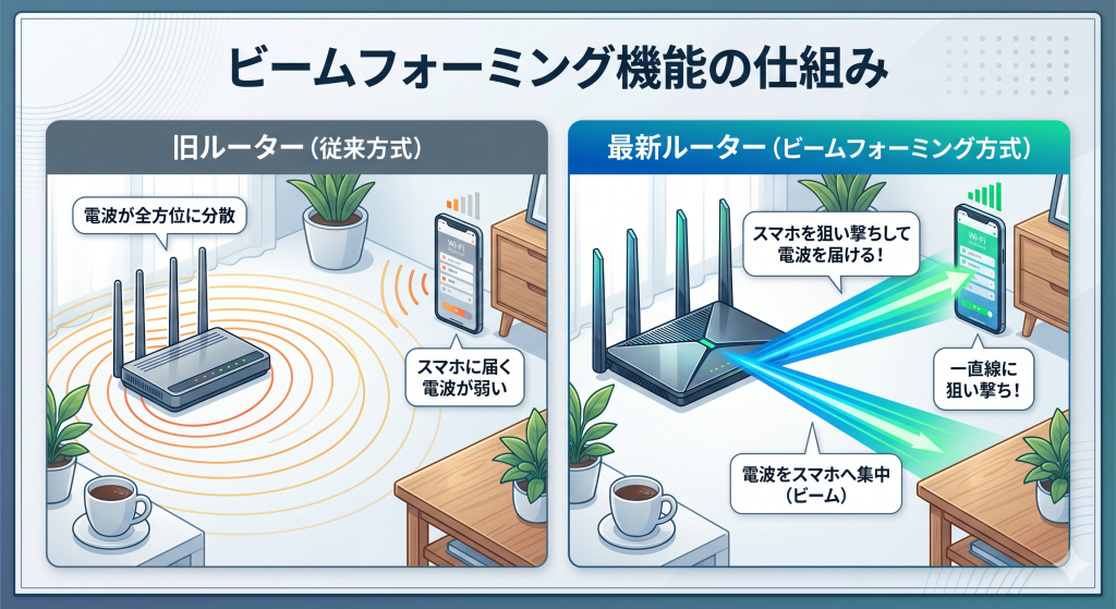 ビームフォーミング機能により、ルーターがスマホの位置を検知して集中的に電波を飛ばす仕組み