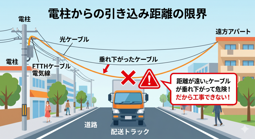 電柱からアパートまでの距離が遠いと、光ケーブルが垂れ下がって危険なため引き込み工事が不可になる仕組みの図解