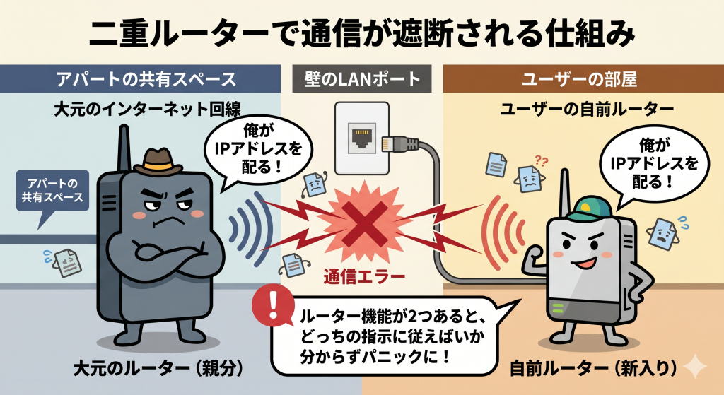 アパートの大元ルーターと自前ルーターの機能が衝突し、二重ルーターとなって通信が遮断される仕組みの図解