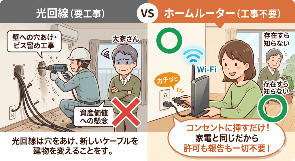 光回線工事と異なり、ホームルーターはコンセントに挿すだけで建物を傷つけないため大家の許可が不要であることの比較図