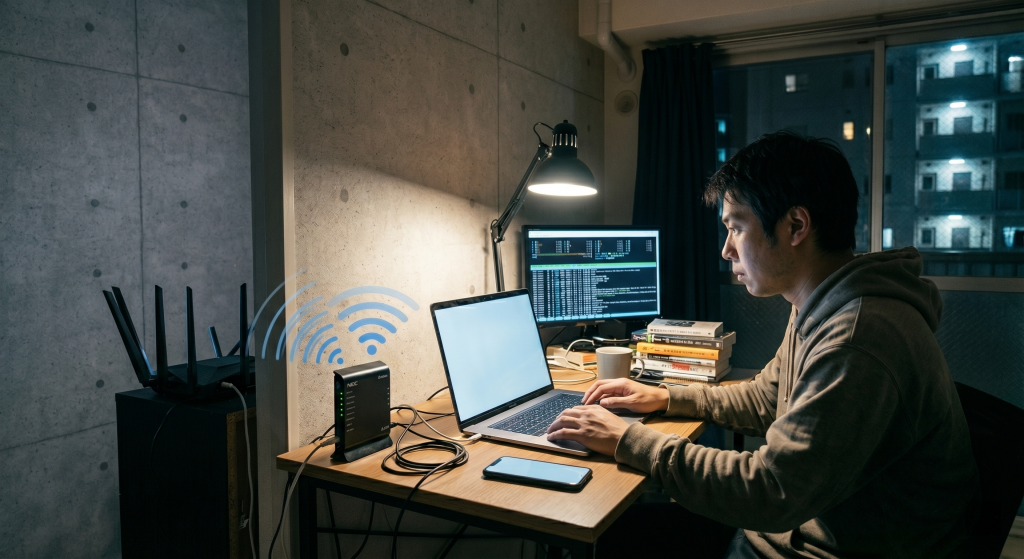 アパートで隣のWi-Fiが干渉する中作業している画像