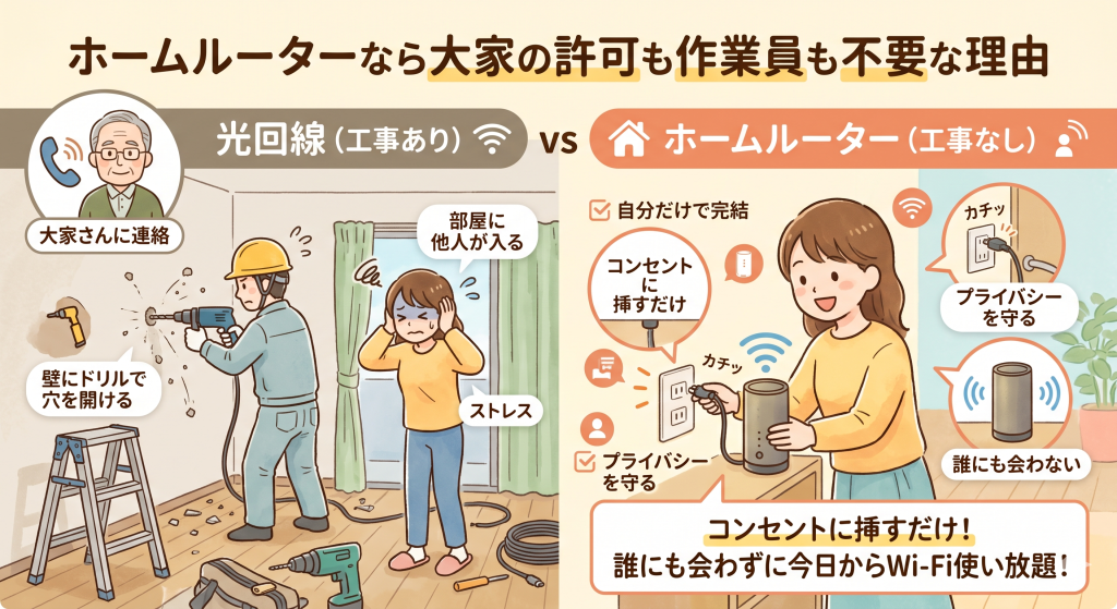 光回線工事と異なり、ホームルーターはコンセントに挿すだけで建物を傷つけず、作業員の訪問も大家の許可も不要であることの比較図