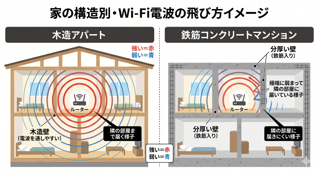 木造と鉄筋コンクリートにおけるWi-Fi電波の透過性と減衰の比較図